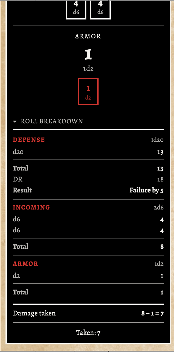 Expanded roll breakdown on a bridged Defense card