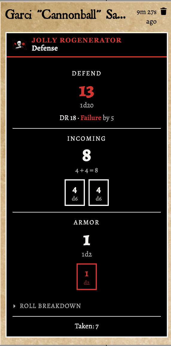 Grouped Defense roll card in Foundry chat